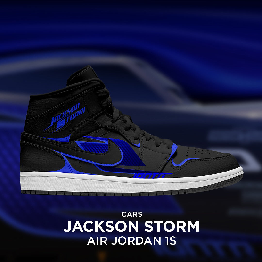 Custom Jackson Storm X Cars Air Jordan 1 Black/Blue – hand-painted custom sneakers | DiySneakers
