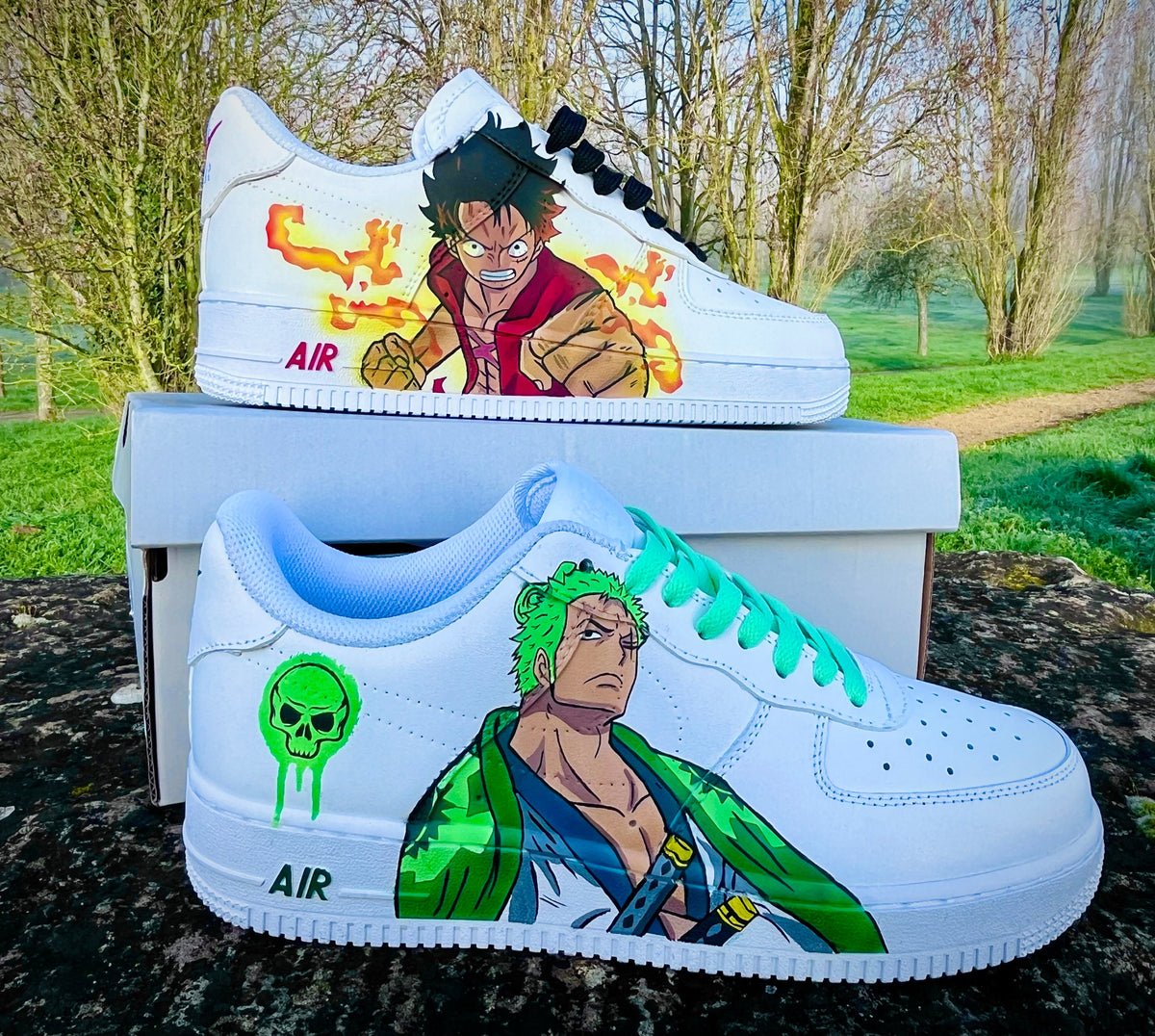 Custom One Piece Luffy x Zoro Air Force 1 – hand-painted custom sneakers | DiySneakers