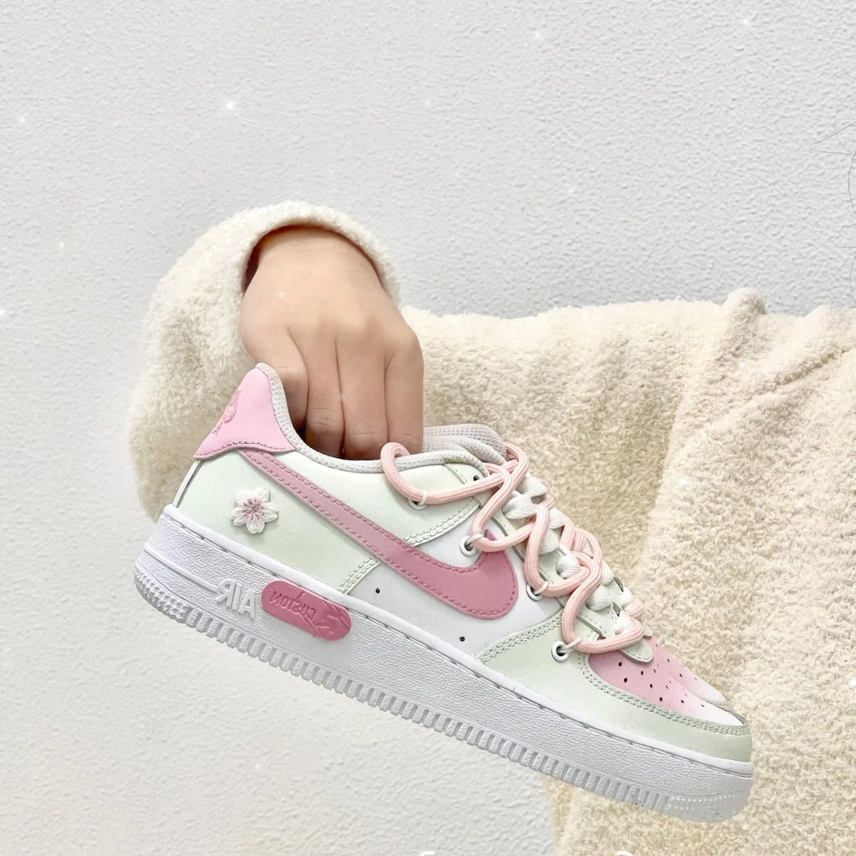 Custom blue cherry blossom pinkish-green Air Force 1 – hand-painted custom sneakers | DiySneakers