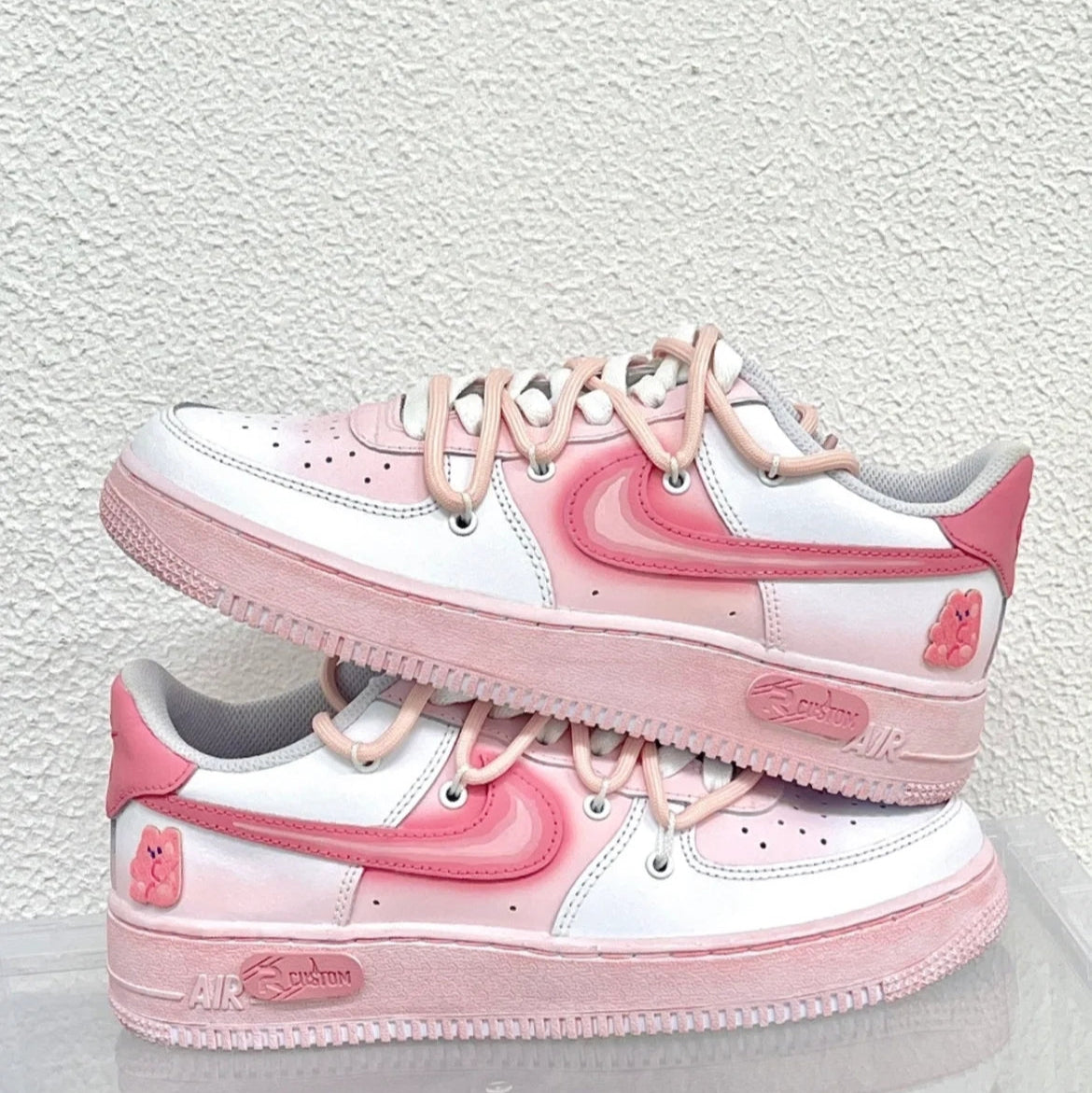 Custom teddy bear gummy candies in pink and white Air Force 1 – hand-painted custom sneakers | DiySneakers