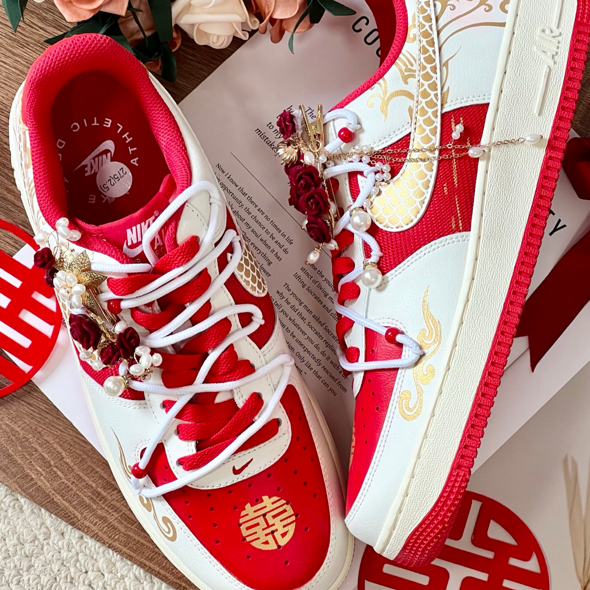 Custom The male and female dragons and phoenixes are auspicious, white and red Air Force 1 Gold – hand-painted custom snea…