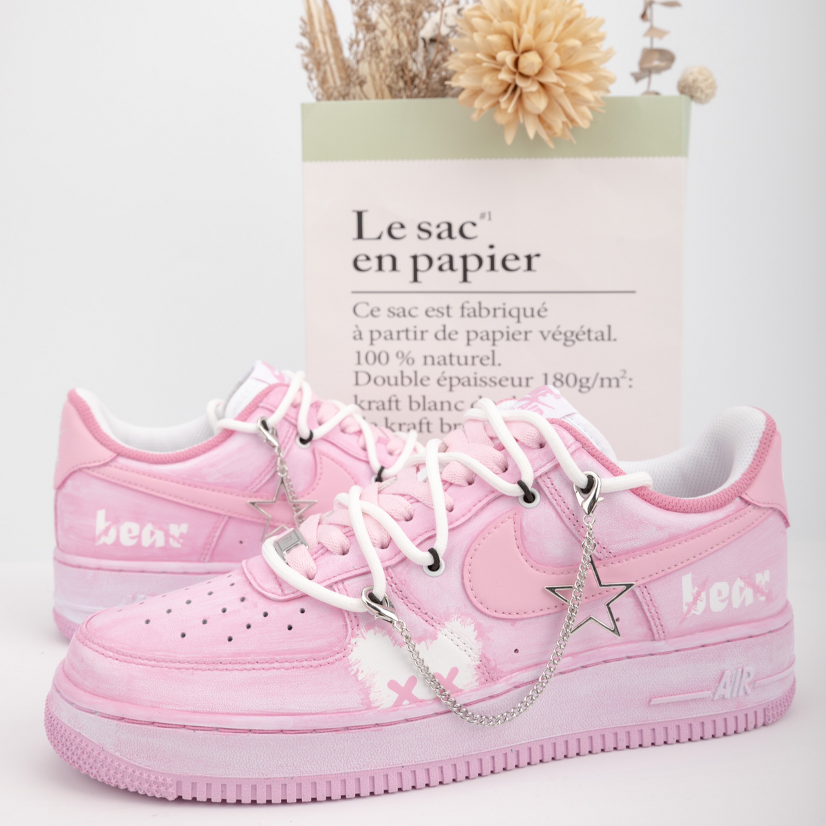 Custom Pink Shadow Bear Air Force 1 White/pink – hand-painted custom sneakers | DiySneakers