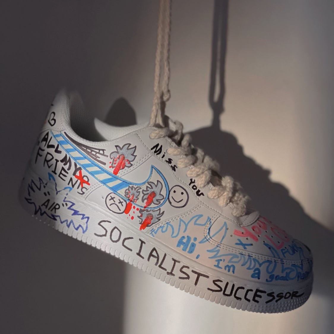 Custom Female street graffiti in GD color Air Force 1 White/Blue/Black – hand-painted custom sneakers | DiySneakers