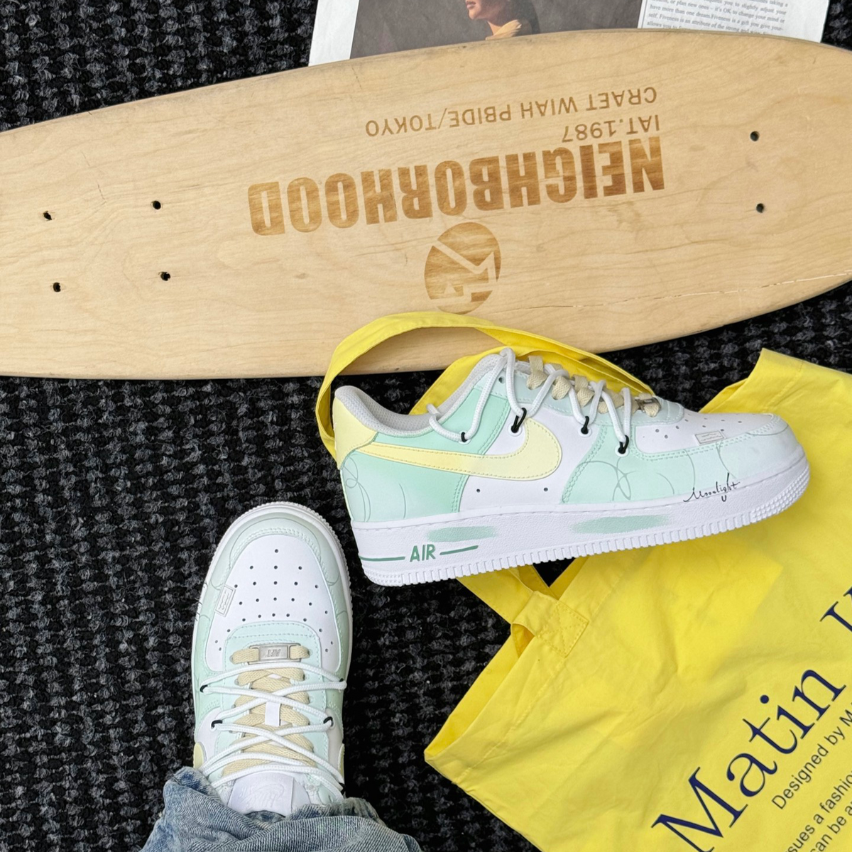 Custom Transformational geometry Air Force 1 Green, Yellow, White – hand-painted custom sneakers | DiySneakers