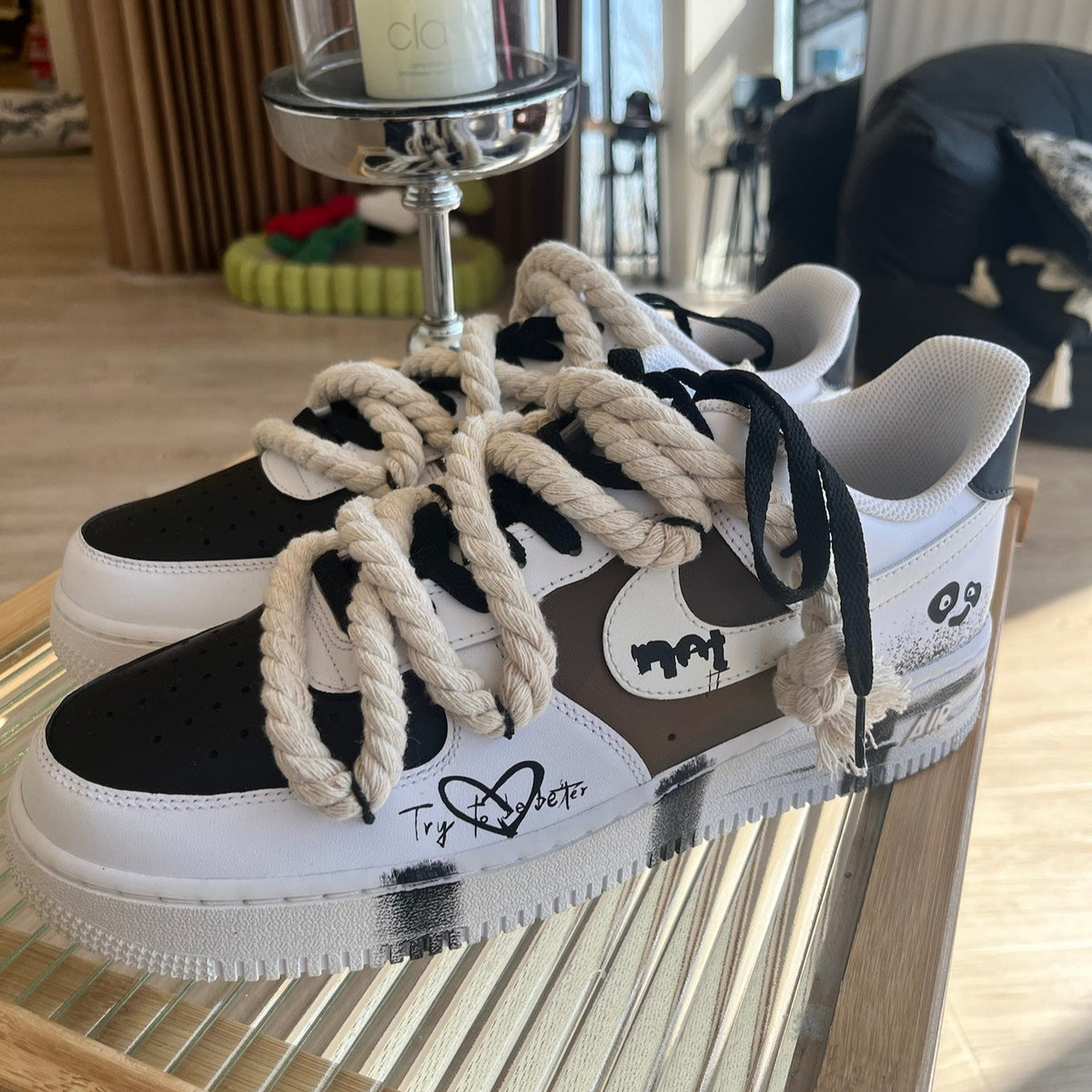 Custom Female hacker panda Air Force 1 Black/white/brown – hand-painted custom sneakers | DiySneakers