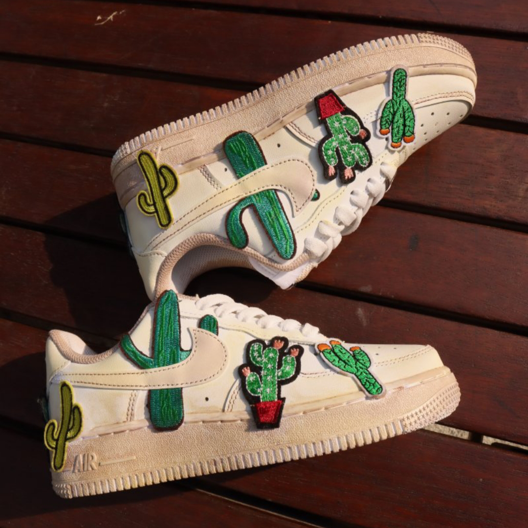 Custom cactus embroidery in earth tones Air Force 1 Earth Tone – hand-painted custom sneakers | DiySneakers