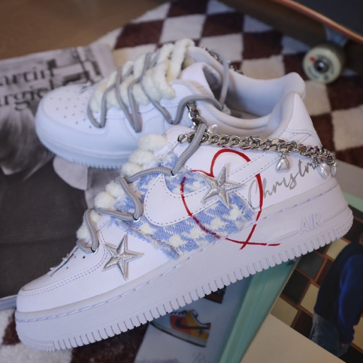 Custom Christmas blue diamond-shaped pearl edition Air Force 1 – hand-painted custom sneakers | DiySneakers