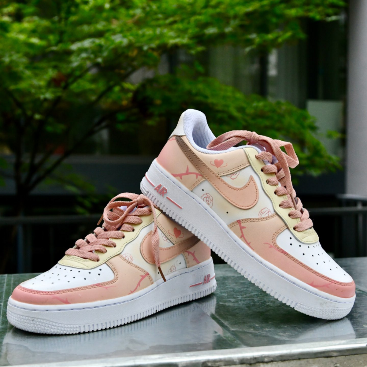 Custom The heart-fluttering rose is pink and white Air Force 1 – hand-painted custom sneakers | DiySneakers