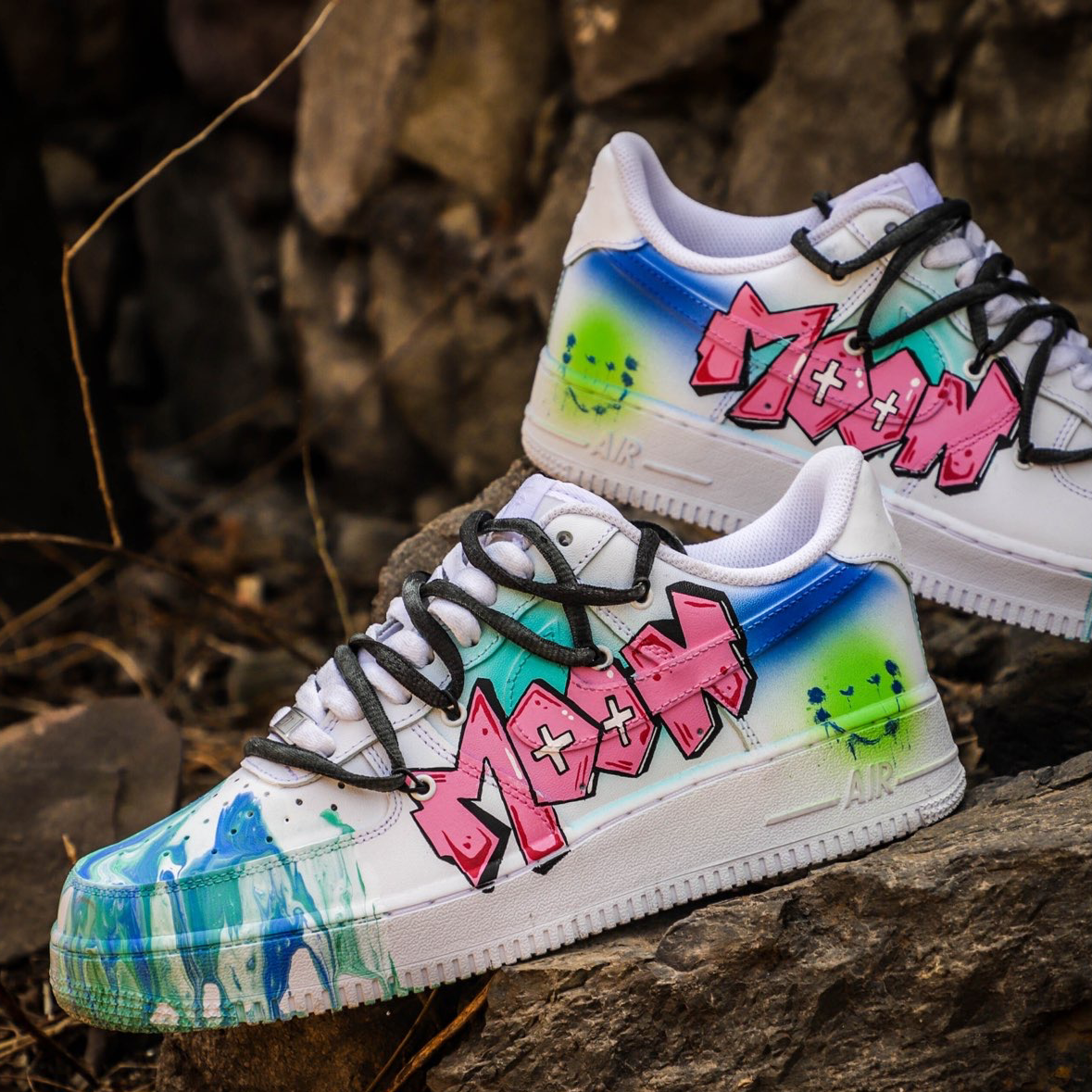Custom Female fluid art graffiti in blue and green pink Air Force 1 Blue/green/pink – hand-painted custom sneakers | DiySn…