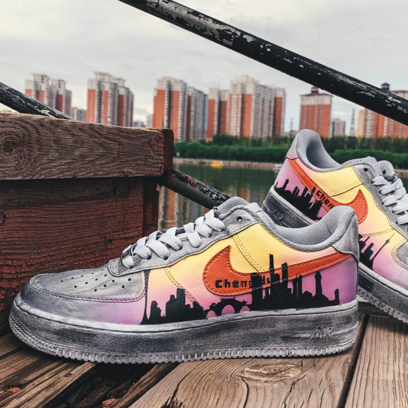 Custom Chengdu city limited edition gray, purple and yellow Air Force 1 Gray-purple-yellow – hand-painted custom sneakers …
