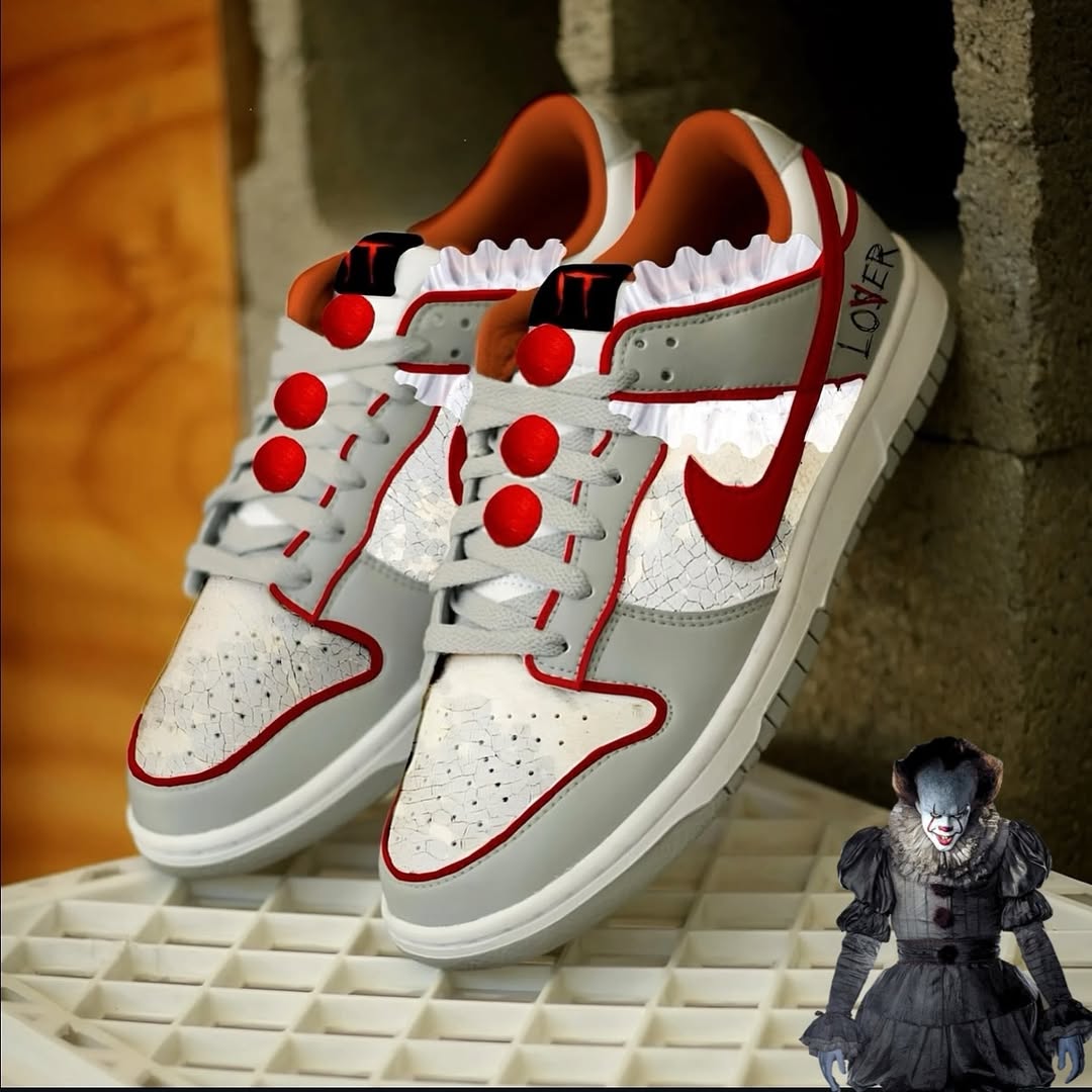 Custom Pennywise Dunk Gray/White/Red – hand-painted custom sneakers | DiySneakers