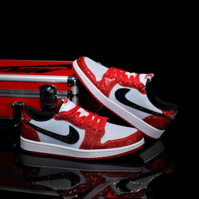 Custom Red and White Full Diamond Air Jordan 1 Chicago Low - Top – custom sneakers view 2 | DiySneakers