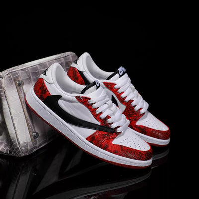 Custom Red and White - Python Pattern Air Jordan 1 Chicago Low - Top – custom sneakers view 2 | DiySneakers