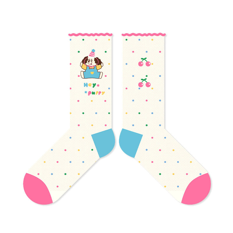 Greedy Dog - Cute Cartoon Women's Socks - Thin Glass Silk Stockings, Fashionable Breathable Mesh Mid-Crew Socks - Kawaii Illustration Design
