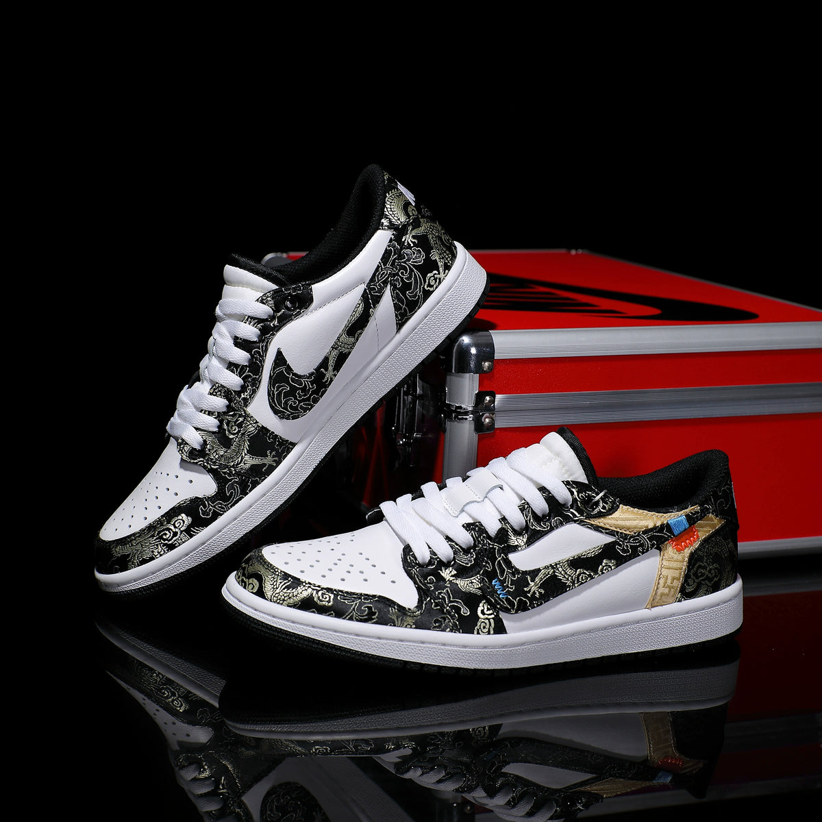 Custom Black Gold Dragon Pattern Embroidery Air Jordan Low - Top – hand-painted custom sneakers | DiySneakers
