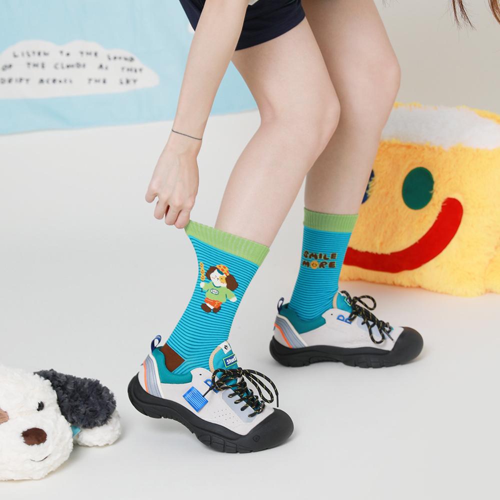 Puppy Diary - Spring & Summer New Cartoon Illustration Vintage Checkered Star Mid-Calf Socks (Cotton, Women's, 5 Pairs, Size 35-42)