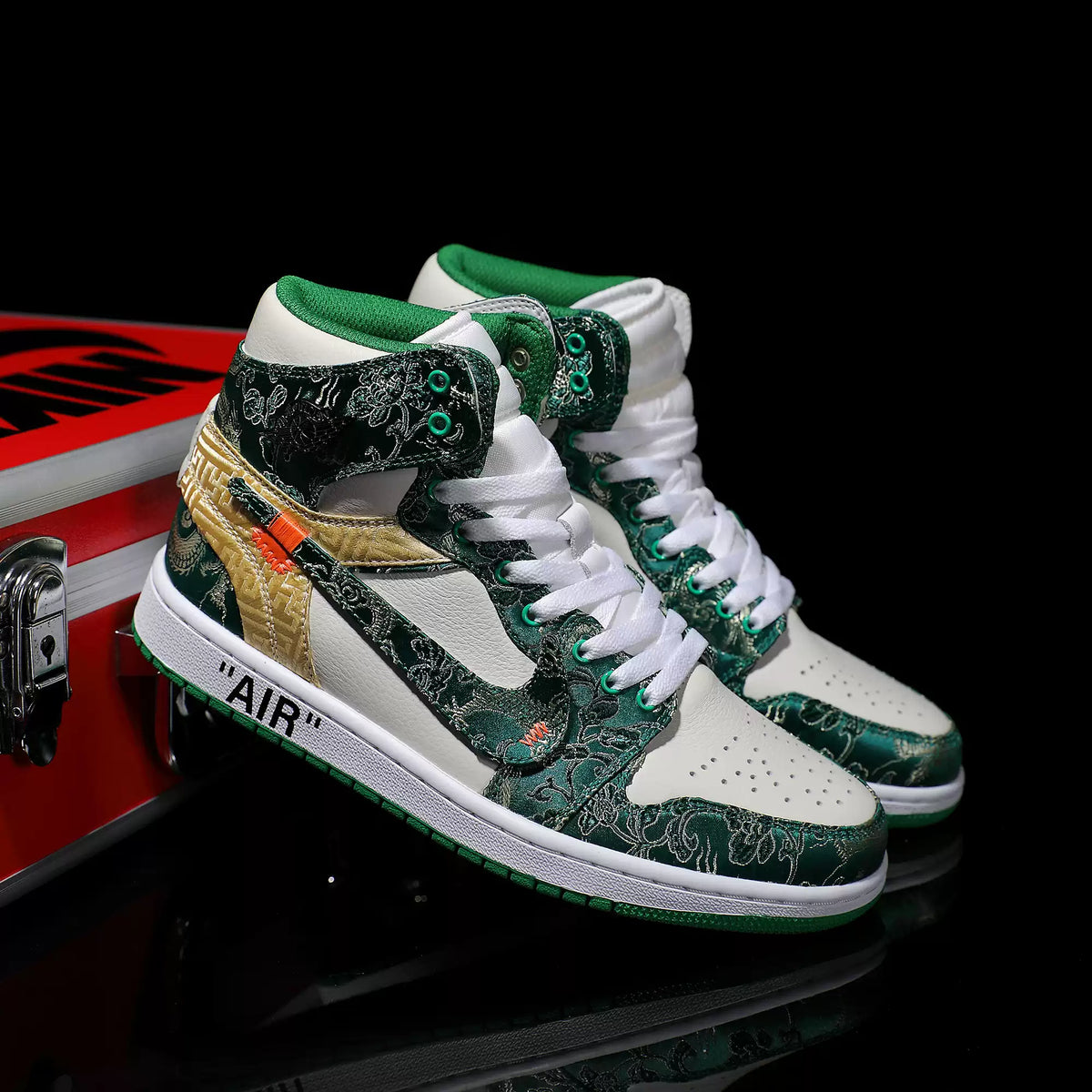 Custom Green and White - Embroidered Patchwork Cowhide Air Jordan High - Top – hand-painted custom sneakers | DiySneakers
