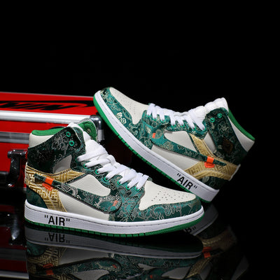 Custom Green and White - Embroidered Patchwork Cowhide Air Jordan High - Top – custom sneakers view 2 | DiySneakers