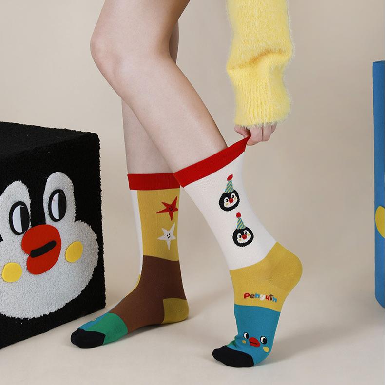Penguin Kingdom – Spring & Fall New Striped Home Cute Cartoon Cotton Mid-Calf Socks (Unisex,4 Pairs, Size 35-42)