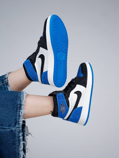 Custom Blue and white, blue and black, red and black - Full Diamond Air Jordan 1 High - Top – custom sneakers view 2 | Diy…