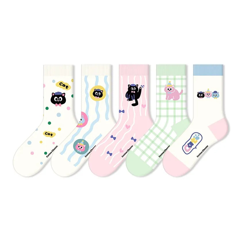 Cute Cartoon Moisture Transferring & Sweat Transferring Comfortable & Breathable Mid Calf Socks 5 Pairs