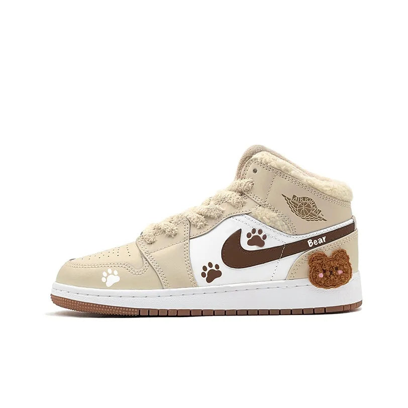 Custom Warm Winter - Bear Cub Footprints Jordan Air Jordan 1 Female Khaki Color – hand-painted custom sneakers | DiySneakers