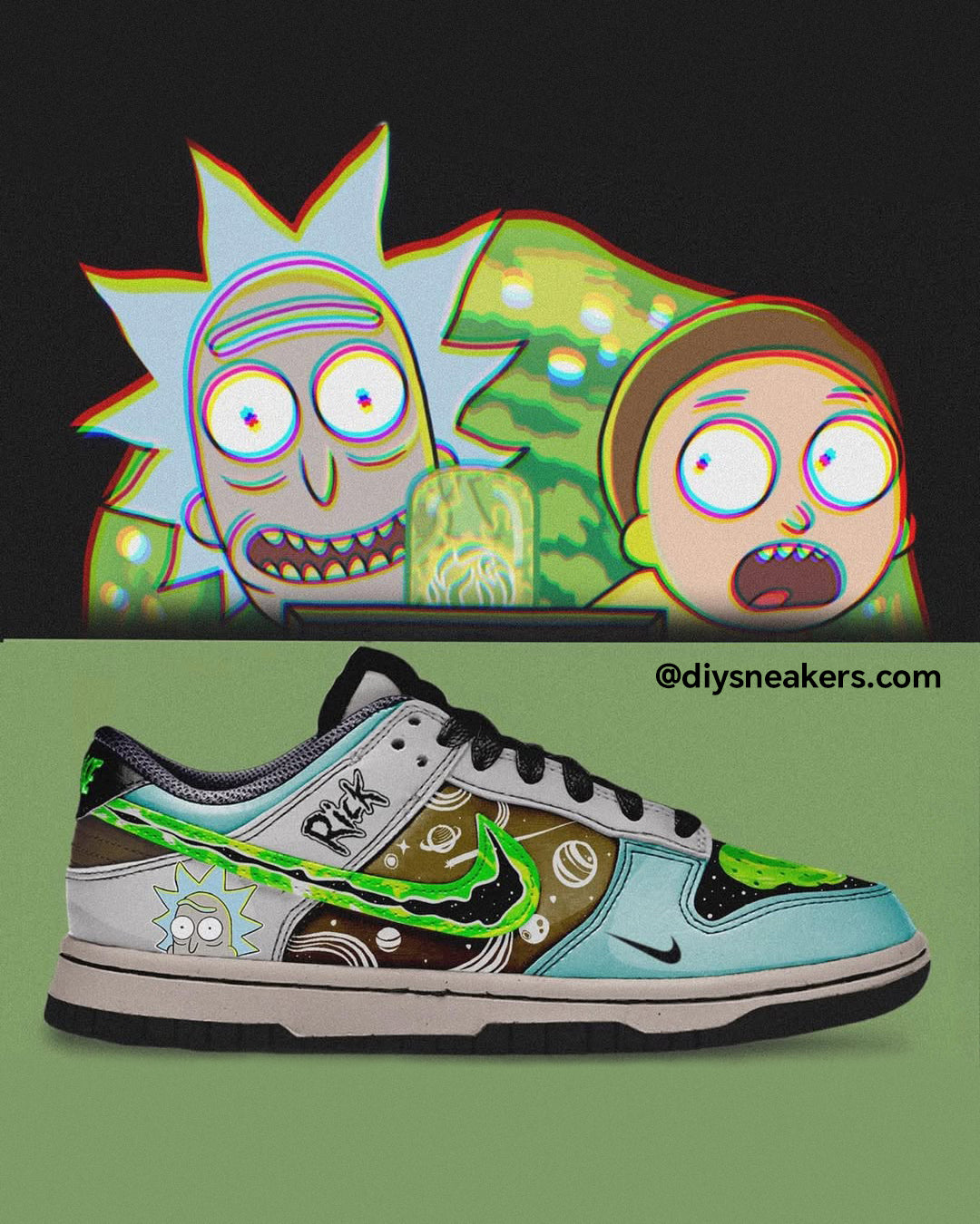 Custom Rick&Morty GreenDunk Low Street Graffiti – hand-painted custom sneakers | DiySneakers
