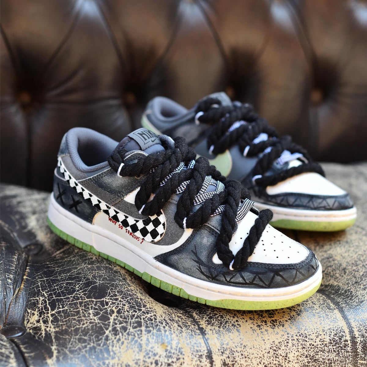 Custom The male clown is in black, white and grey Dunk Black/White/Gray – hand-painted custom sneakers | DiySneakers