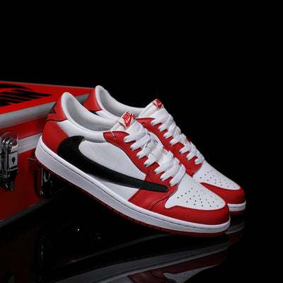 Custom Red and White - Backwards Swoosh Cowhide Leather Air Jordan Low - Top – custom sneakers view 2 | DiySneakers