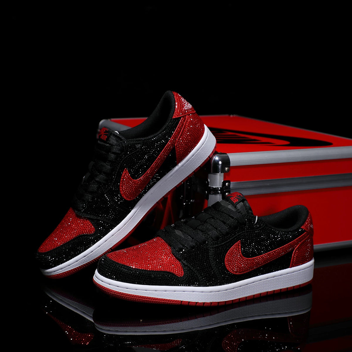Custom Black and Red Full Diamond Air Jordan Low - Top – hand-painted custom sneakers | DiySneakers
