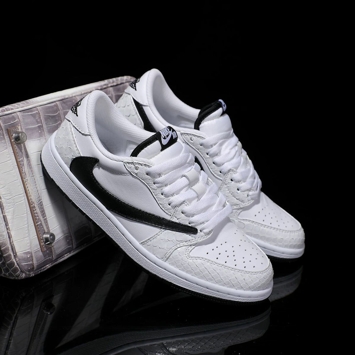 Custom Black and White - Backwards Swoosh Python Pattern Air Jordan Low - Top – hand-painted custom sneakers | DiySneakers