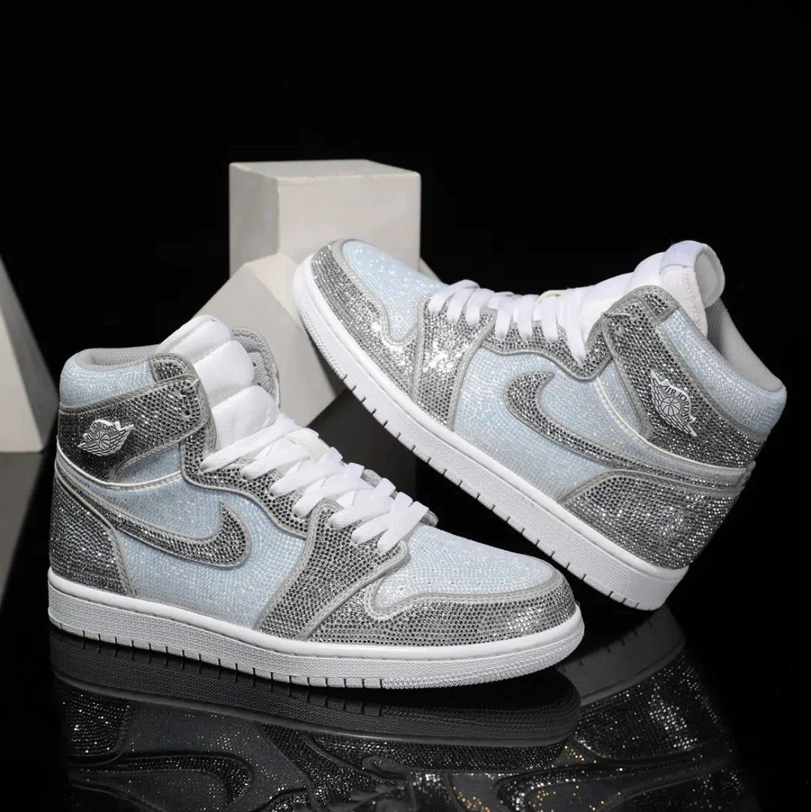 Custom Silver- Full Diamond Air Jordan High - Top – hand-painted custom sneakers | DiySneakers