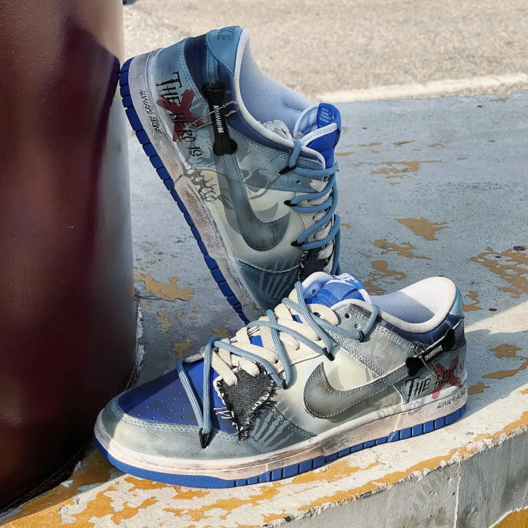 Custom Doomsday Warning/Skull/Distressed Style Dunk Low Blue/Gray – hand-painted custom sneakers | DiySneakers