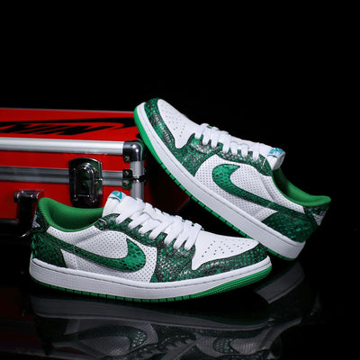 Custom Green-White Snake Pattern - Cowhide Leather Openwork Style Air Jordan Low - Top – custom sneakers view 2 | DiySneakers
