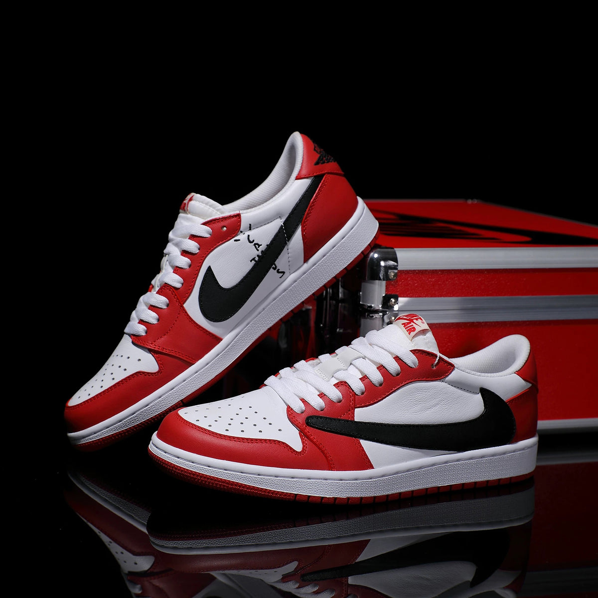 Custom Red and White - Backwards Swoosh Cowhide Leather Air Jordan Low - Top – hand-painted custom sneakers | DiySneakers