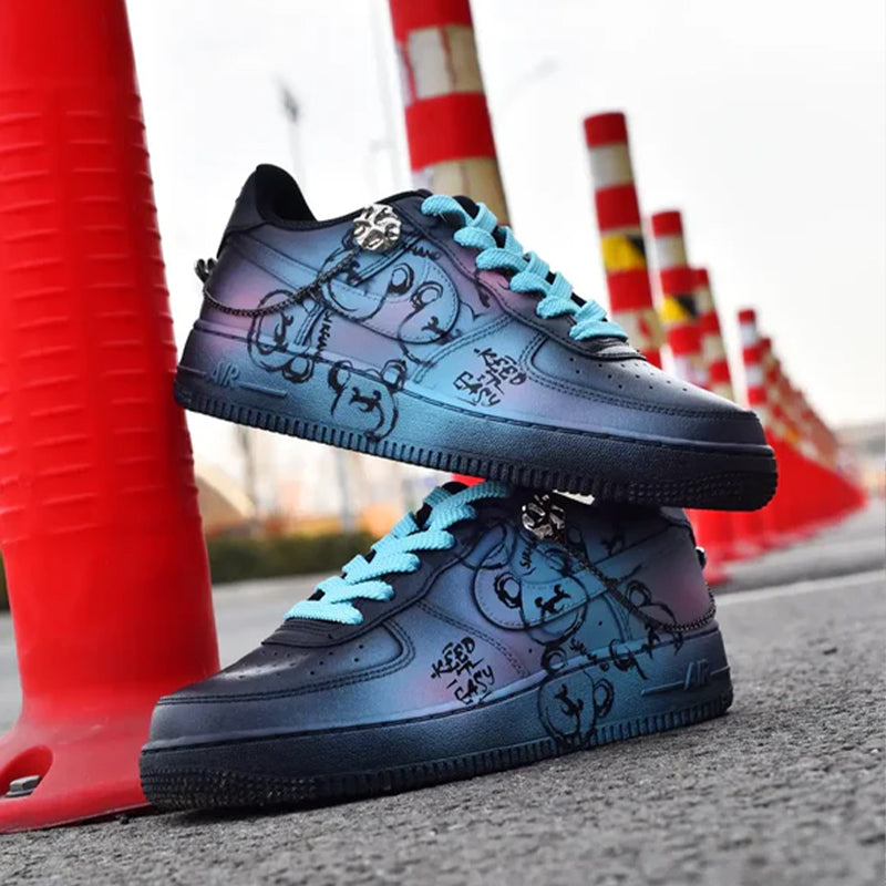 Custom Male punk bear black, blue and pink Air Force 1 – hand-painted custom sneakers | DiySneakers