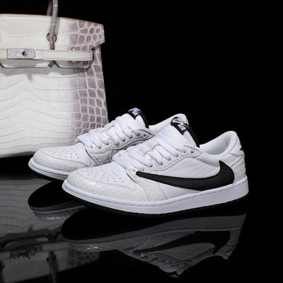 Custom Black and White - Backwards Swoosh Python Pattern Air Jordan Low - Top – custom sneakers view 2 | DiySneakers