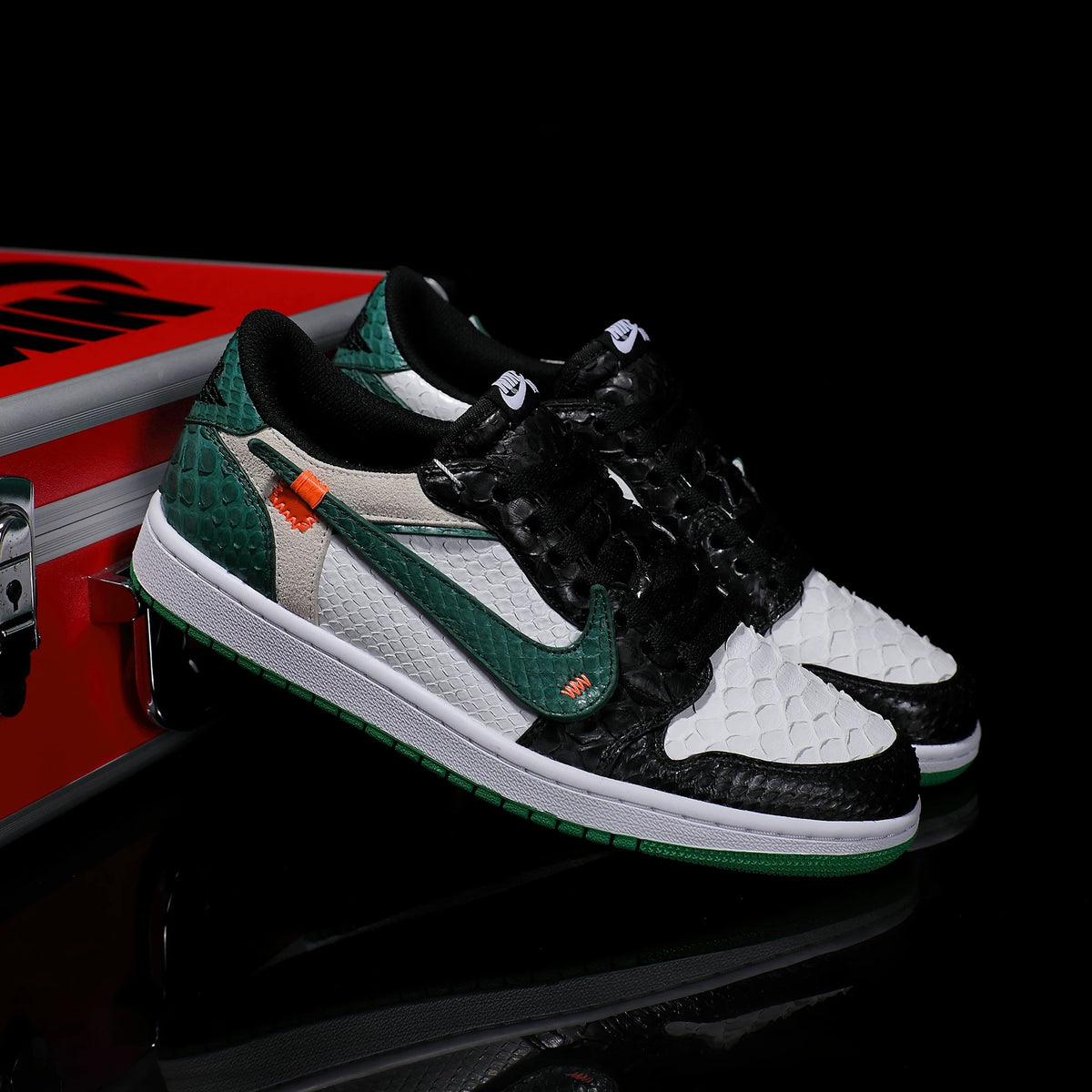Custom Green and White - Python Pattern Air Jordan Low - Top – hand-painted custom sneakers | DiySneakers