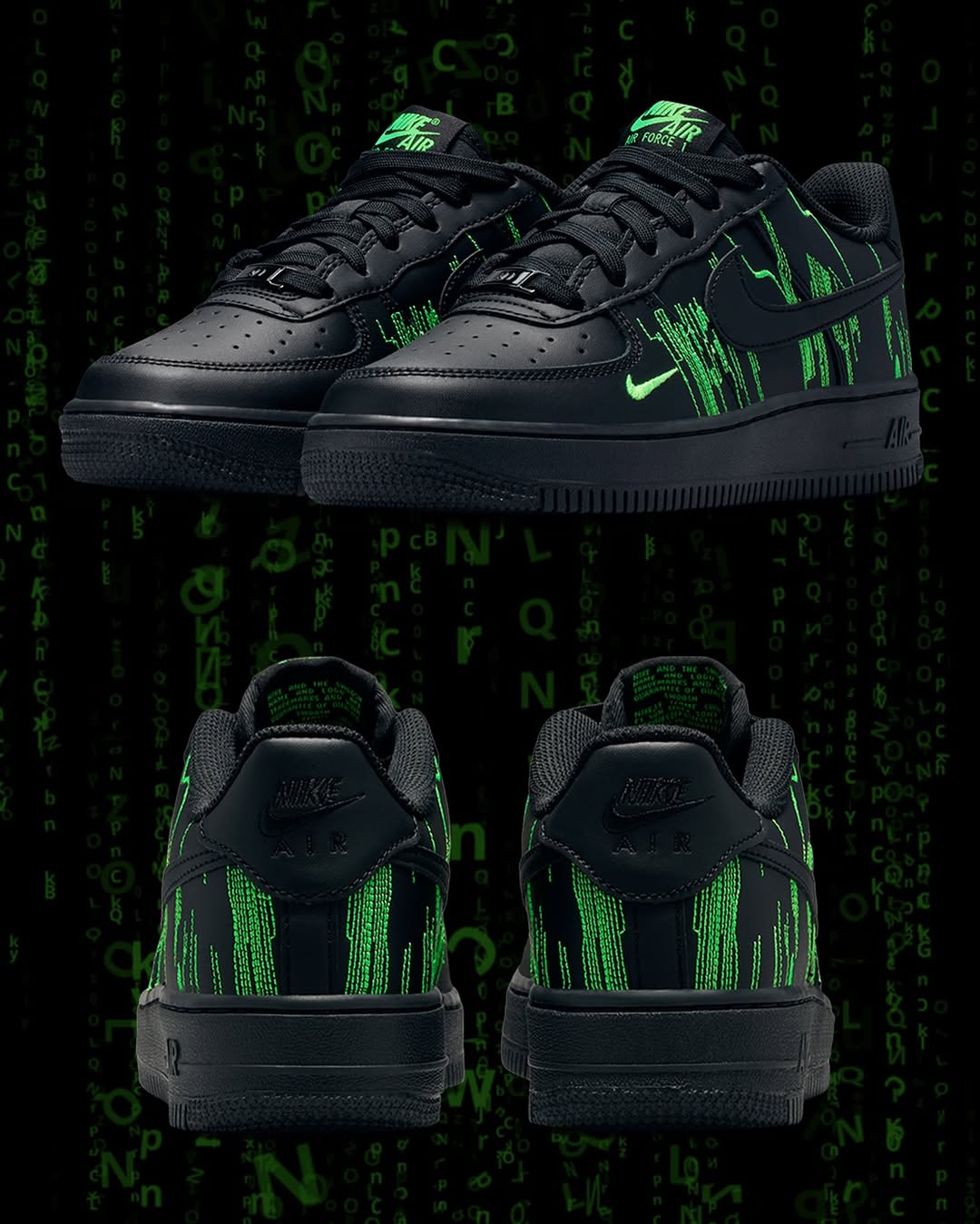 【Custom “The Matrix” Black And Green】Air Force 1 Skateboarding Shoes Unisex