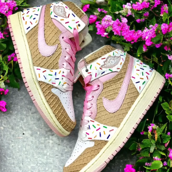 Custom Strawberry Ice Cream Air Jordan 1 White/Pink – hand-painted custom sneakers | DiySneakers