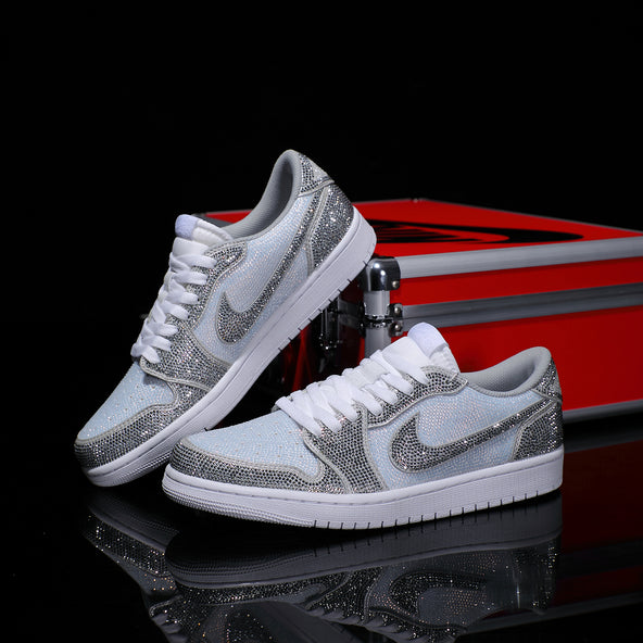 [Custom Silver - White Full Diamond] Air Jordan Low - Top Skateboarding Shoes Unisex