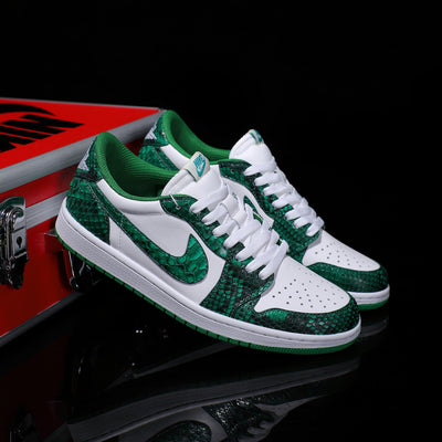 [Custom Green and White - Python-Patterned Cowhide Patchwork] Air Jordan Low - Top Skateboarding Shoes Unisex