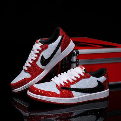 [Custom Red and White - Backwards Swoosh Full Diamond] Air Jordan 1 Chicago Low - Top Skateboarding Shoes Unisex