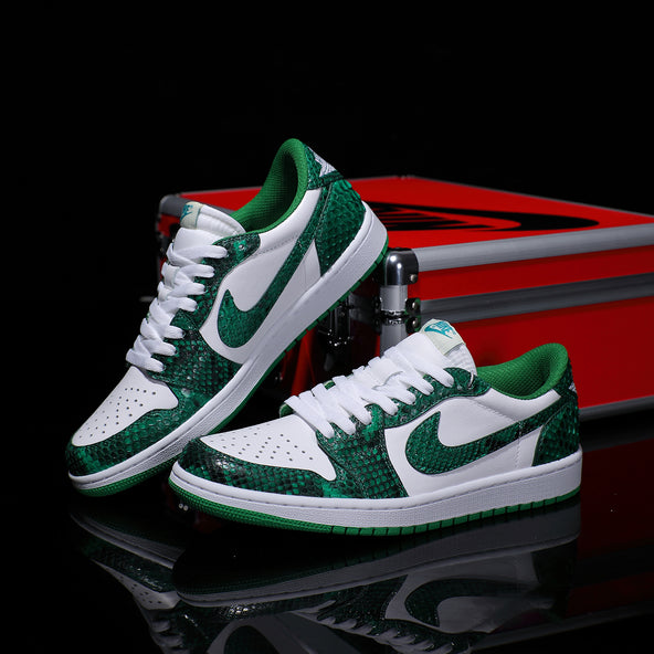 [Custom Green and White - Python-Patterned Cowhide Patchwork] Air Jordan Low - Top Skateboarding Shoes Unisex