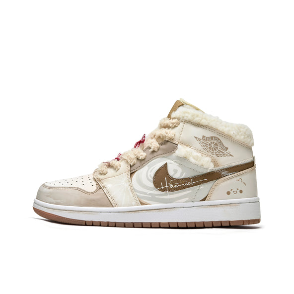 [Custom Warm Winter - Cocoa Bear] Jordan Air Jordan 1 High Top Female Skateboarding Shoes Khaki Color
