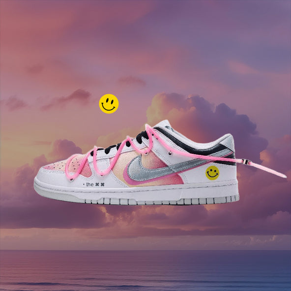 [Custom Pink mesh pattern]  Dunk Skateboarding Shoes Unisex Low-top White/pink/silver