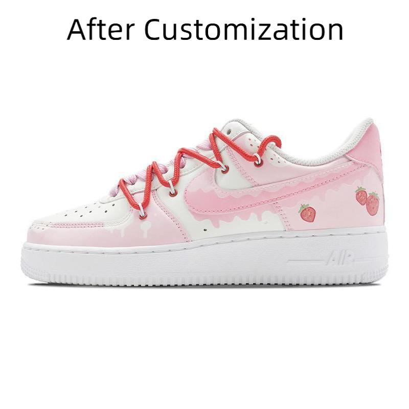 [Custom Men's strawberry hand-painted pink and white]  Air Force 1 Skateboarding Shoes Men Low-top Pink/white