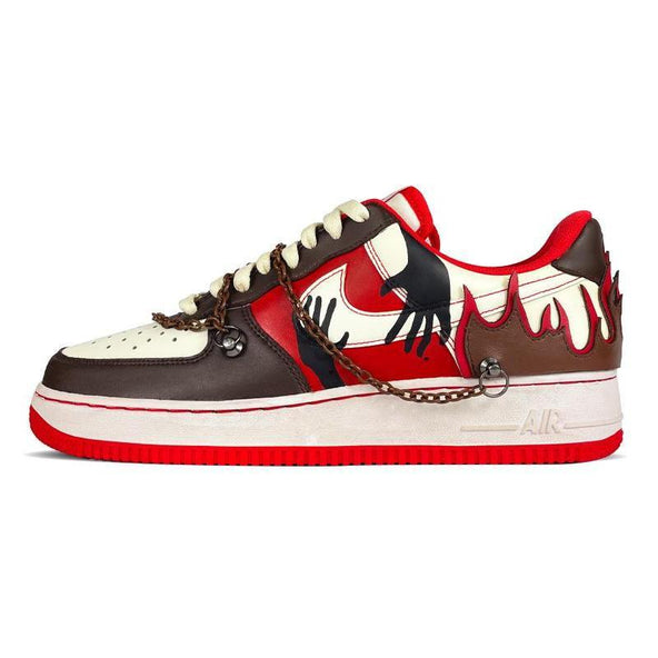[Custom Flame brownish red for both men and women]  Air Force 1 Skateboarding Shoes Unisex Low-top Brown/Red