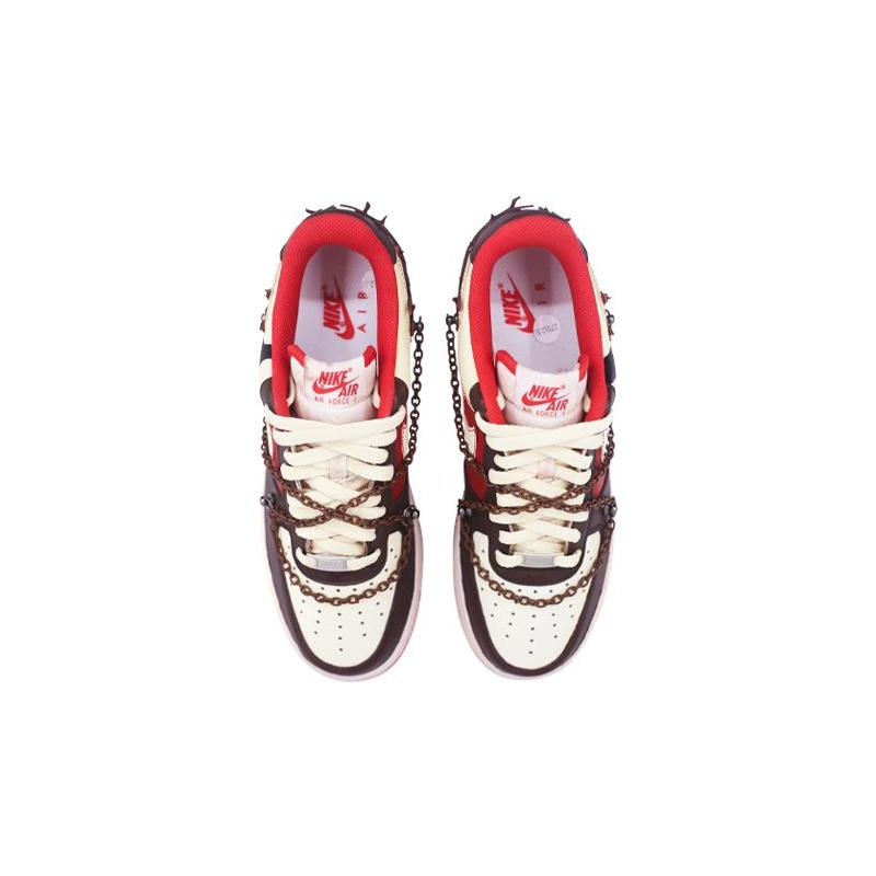 [Custom Flame brownish red for both men and women]  Air Force 1 Skateboarding Shoes Unisex Low-top Brown/Red