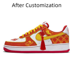 [Custom Chinese knot girl style red and yellow spray painting] Nike Air Force 1 Skateboarding Shoes Women's Low-top Red/Dark Beetroot/Black